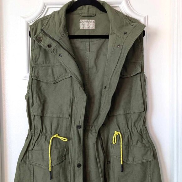 Free People Fresh Cotton Washed Army Green Utility Mode Yellow Tie Vest NWT XS - Picture 1 of 15